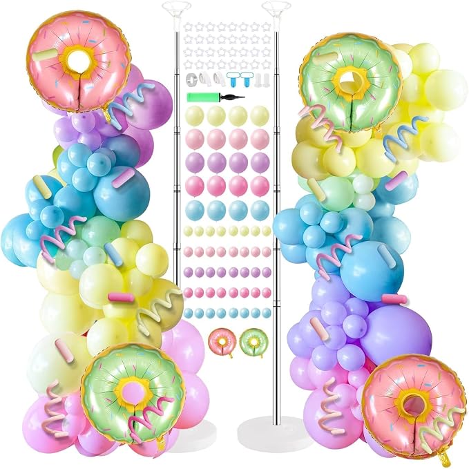2 Sets Christmas Candy Doughnut Balloon Column Stand Kits Adjustable Macaron Colour Rainbow Balloons Ice Cream Balloon Column Kit Candy Sprinkle Doughnut Themed Tower Stand Kit for Birthday Kids Party