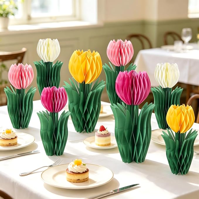 SUNBEAUTY 8 PCS Flower Honeycomb Decor Tulips Table Centerpieces Spring Decoration for Home Office Paper Flower Tulip Honeycomb Decor for Garden Party, Mother's Day Decoration
