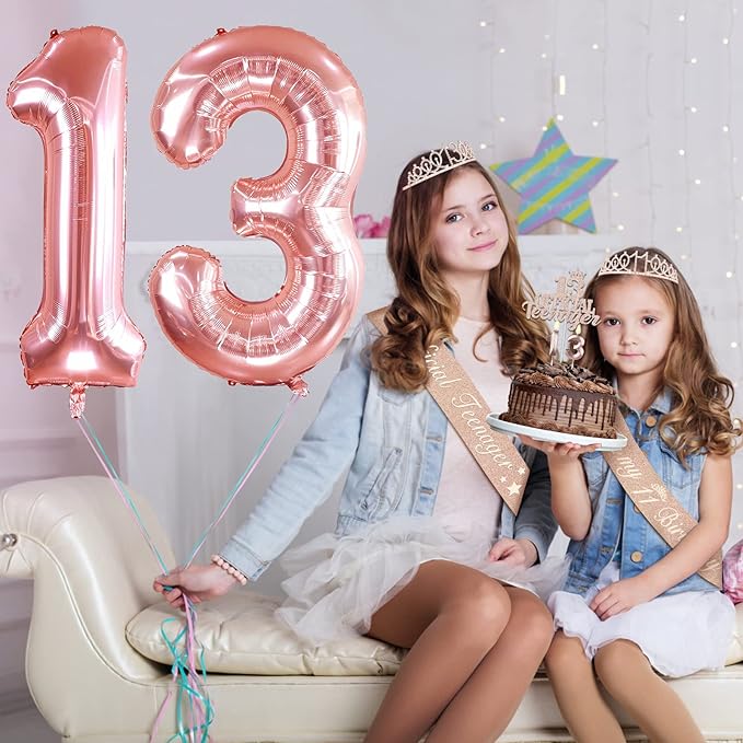 13th Birthday Decorations for Girls, Including 13th Birthday Sash and Tiara, Cake Topper and Candles, Number Balloons, 3D Pop Up Greeting Card, Teen Girl Gifts for 13 Year Old