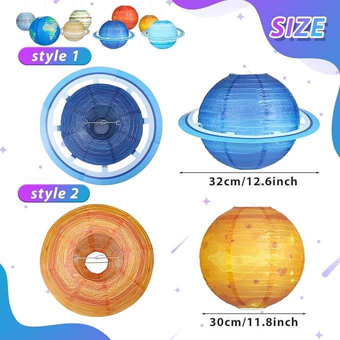 8 PCS Planet Paper Lanterns, 12 Inch Outer Space Party Decorations, Solar System Hanging Planets Lantern for Kids Space Theme Party Birthday Room Decorations