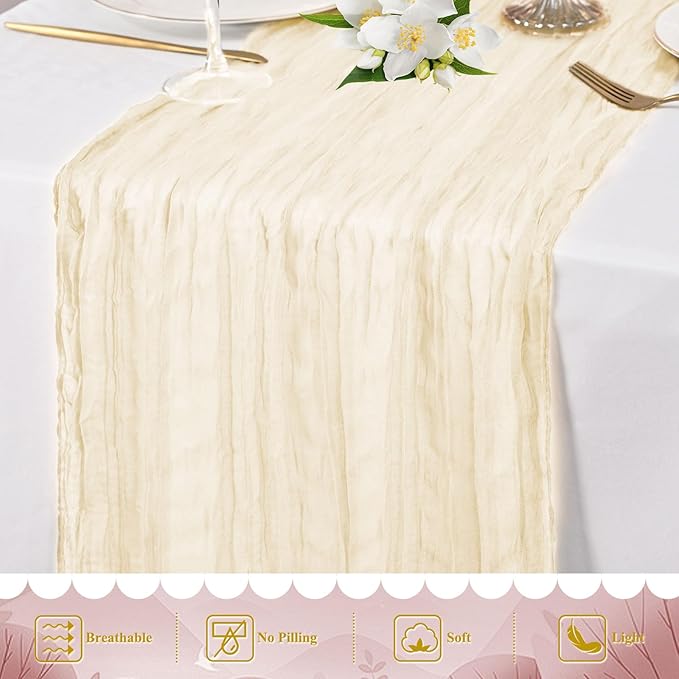 8 Pack Ivory Cheesecloth Table Runner 10FT Long Boho Gauze Fabric Table Runner Vintage Rustic Sheer Runners for Wedding Party Bridal Baby Shower Table Decorations