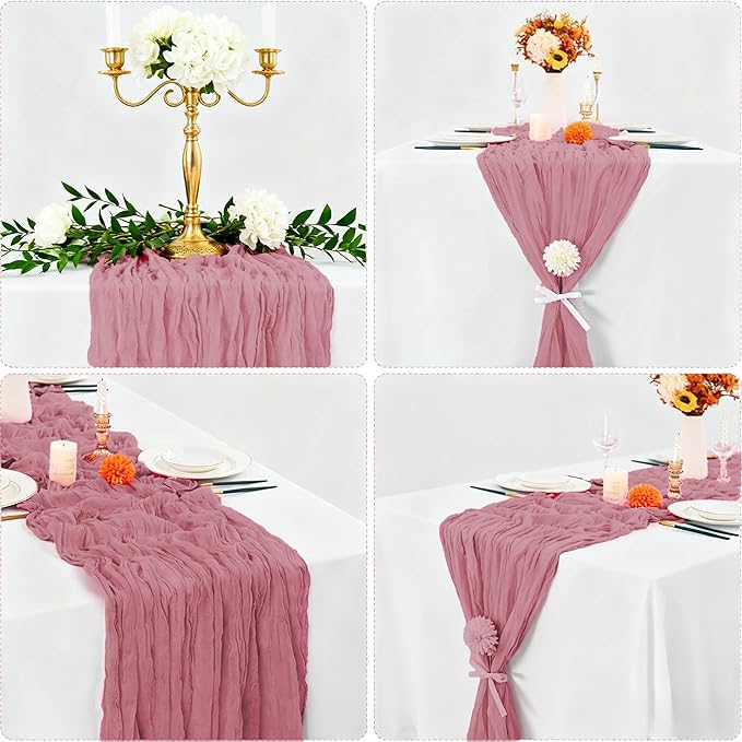 16 Pack Dusty Rose Cheesecloth Table Runner 10FT, Boho Gauze Cheese Cloth Table Runner Long Rustic Sheer Dusty Pink Table Runners for Wedding Bridal Baby Shower Birthday Party Table Decorations