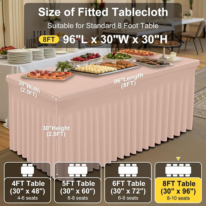 Smiry Spandex Tablecloth, Elastic Fitted Stretch Tablecloth for 8FT Rectangle Tables, Waterproof Washable Table Cover Skirt for Outdoor, Wedding, Banquet & Parties (Nude, 96Lx30Wx30H Inch)