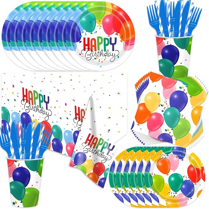 141Pcs Balloon Birthday Party Decorations - Tableware Party Supplies Plates and Napkins Forks Cups Straws Cutlery Colorful Balloons for Baby Shower Birthday Decorations Serves 20 Guests