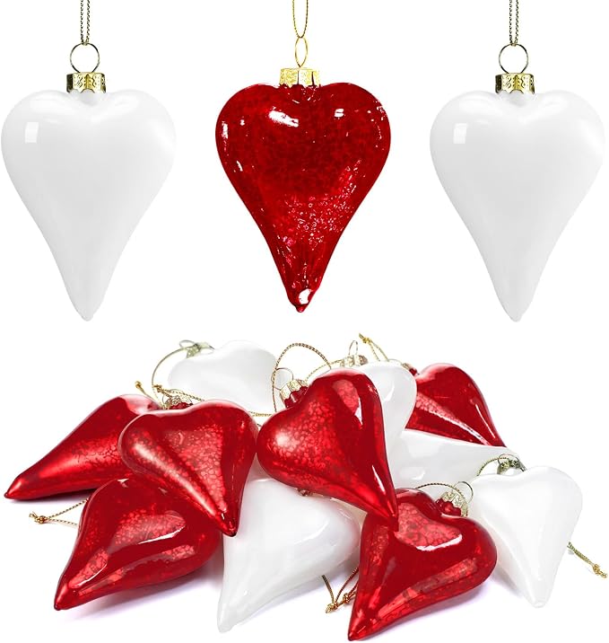 RattanView 12 Pack Valentine Heart Glass Ornament 3.2 inch Red White Glass Heart Shaped Ornament Shiny Antique Romantic Love Shaped for Valentine Gift Wedding Anniversary Holiday Hanging Tree Decor