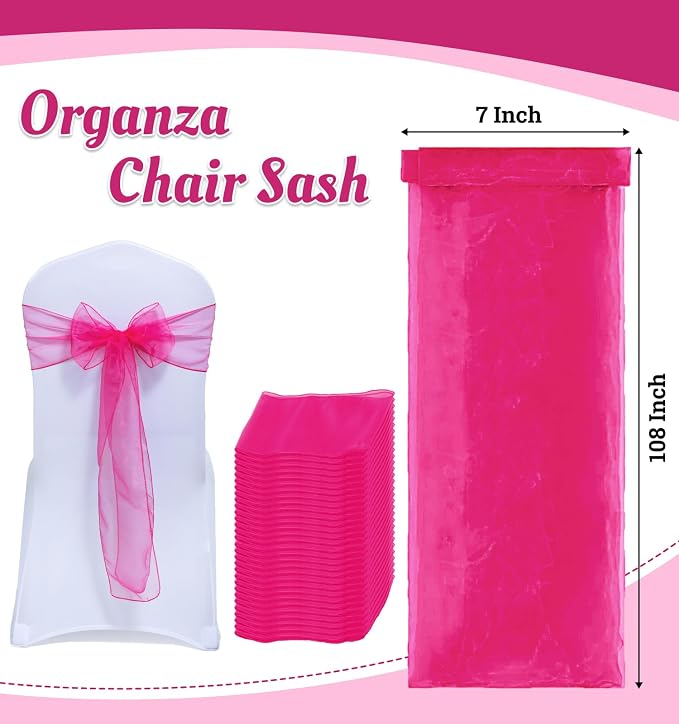 MDS® Pack of 150 Organza Chair Sashes for Wedding Decoration, Reusable Sheer Chair Bows for Banquet Chair Cover, Reception, Bridal Shower, Baby Shower, Birthday Party & Special Events - Magenta