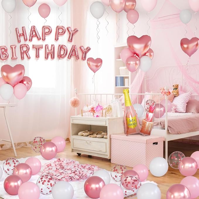 Rose Gold Happy Birthday Decorations for Women Pink and Rose Gold Biirthday Balloons Letters Banner with Heart-Shaped Champagne Bottle Lipstick Balloons Rose Petals for Room Birthday Party Decor