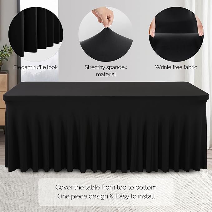 Wish Care 8 Pack Black Spandex Table Clothes for 6 Foot Rectangle Tables, 6FT Wrinkle Free Fitted Tablecloths Ruffles Design Table Cloth for Party, Banquet, Wedding and Events
