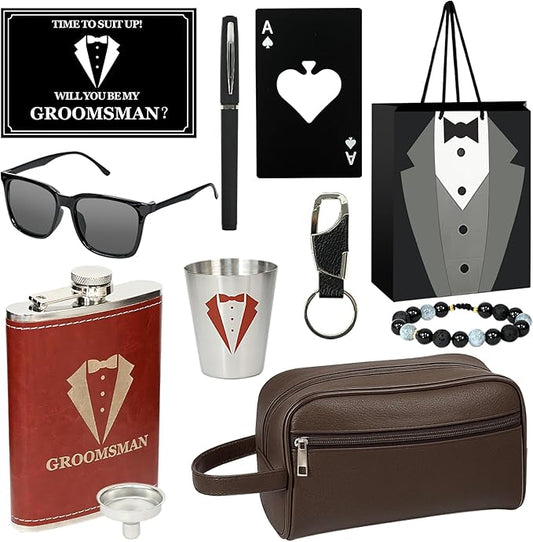 11 Pcs Groomsmen Proposal Gifts - Groomsmen Gift Boxes with Leather Bag，Tuxedo Flask, Funnel，Shot Glasse，Poker Card Bottle Openers, Sunglasses, Pen，Bracelet, Card & Gift Bags for Wedding Party （Brown）