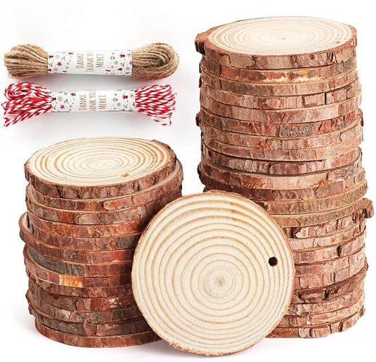 50Pcs Wood Slices for Crafts, 2.4"-2.8" Unfinished Wood Circles for Crafts with Pre-drilled Hole and String, Best MOM Ever Wooden Ornaments for Home Decor, Painting, DIY, Party Wedding Decor