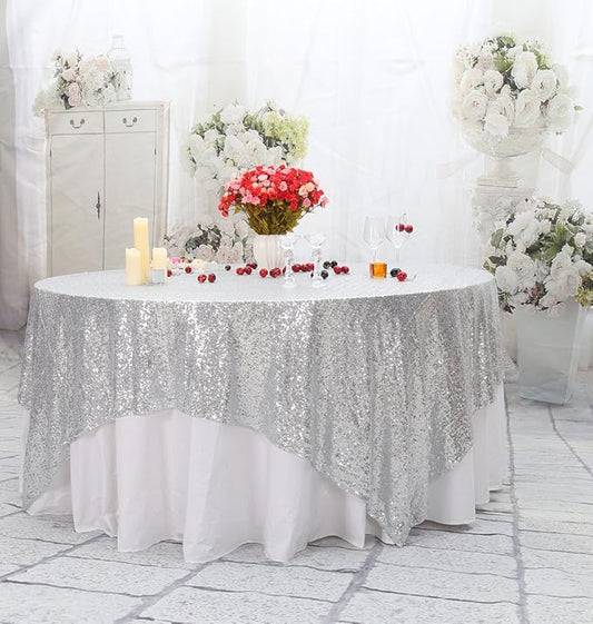PartyDelight Silver Sequin Tablecloth Square Sparkly Table Cloth Overlay 70"x 70"