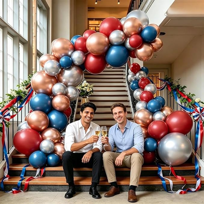 Red Blue Gold Balloon Arch, Double Stuffed Royal Blue Red Balloon Garland Kit Navy Red Silver Latex Balloons for Graduation Birthday 4th of July Baseball Anniversary Party Decor