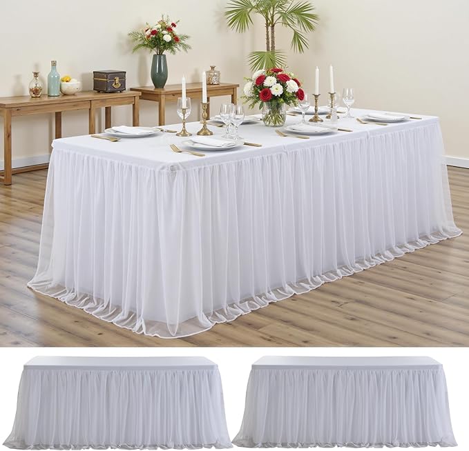 2-Pack White Tulle Tablecloth for 6 Ft Rectangle Tables – Elastic Spandex Table Cover with Tutu Skirt, Wrinkle Free for Wedding, Birthday Party, Banquet Buffet, Craft fairs