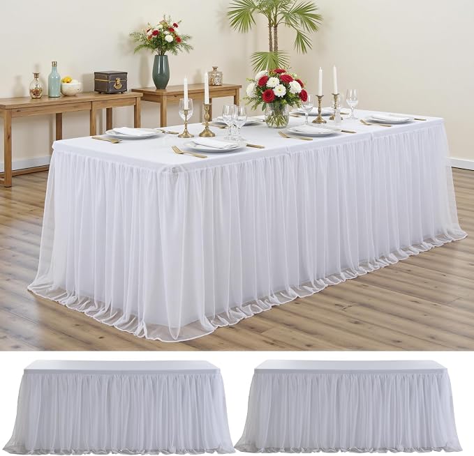 2-Pack White Tulle Tablecloth for 8 Ft Rectangle Tables – Elastic Spandex Table Cover with Tutu Skirt, Wrinkle Free for Wedding, Birthday Party, Banquet Buffet, Craft fairs