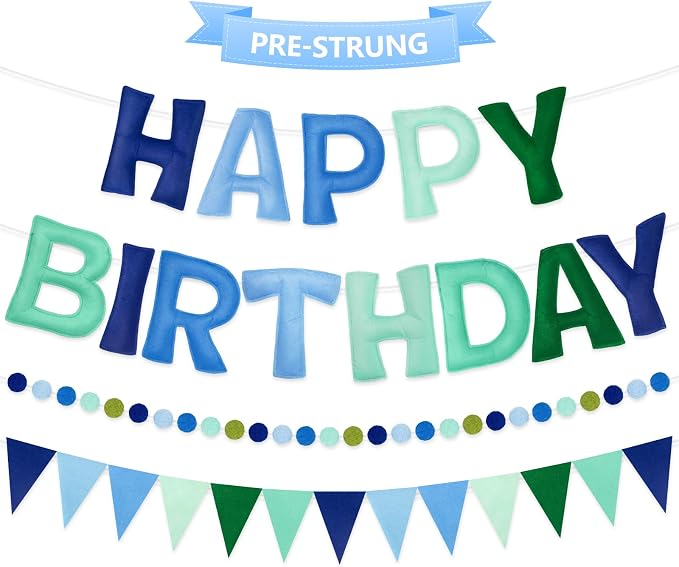 Pre-Strung Happy Birthday Banner - Blue Green Birthday Decorations, 3PCS Felt Birthday Day Sign,Ball Garland,Triangle Bunting,Reusable Colorful Banner for Party Decor Girls Boys Kids Women Men (Blue)