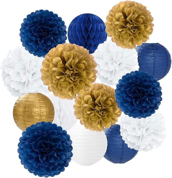 Navy Blue Gold White Paper Flowers Tissue Pom Poms Honeycomb Lanterns 15pcs Royal Party Decorations Birthday Wedding Baby Bridal Shower Bachelorette Graduation Hanging Supplies Mprocherify