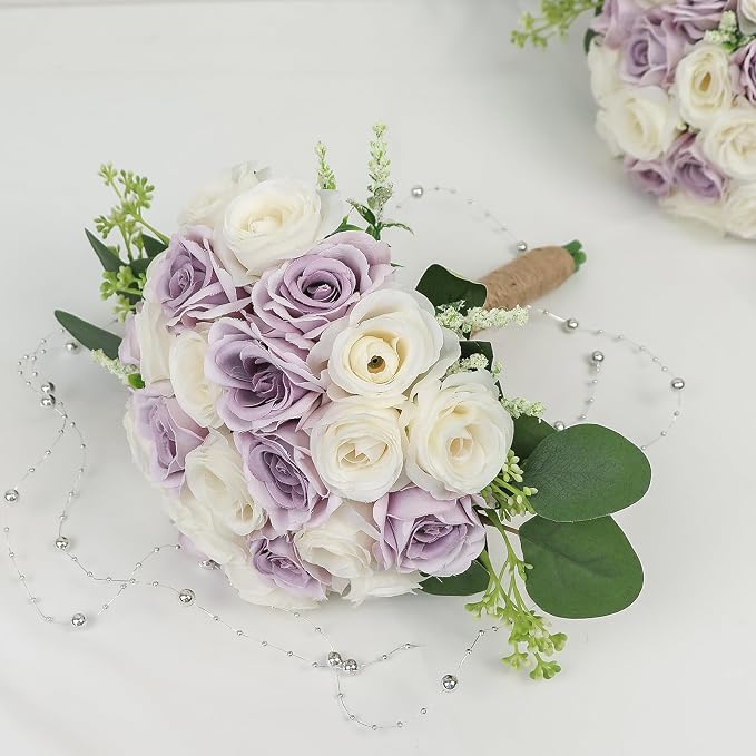 Set of 6 Bridesmaid Bouquets for Wedding - 7 Inch Artificial Ivory Flower Bouquet for Party Ceremony Anniversary Dinning Table Centerpieces Decor - Lilac & White