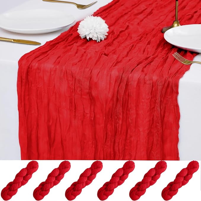 6 Pack Red Cheesecloth Table Runner 21x120 Inches, Boho Gauze Rustic Semi Sheer Cheese Cloth Table Runners for Easter Wedding Bridal Baby Shower, Birthday Party, Long Farmhouse Table Decor