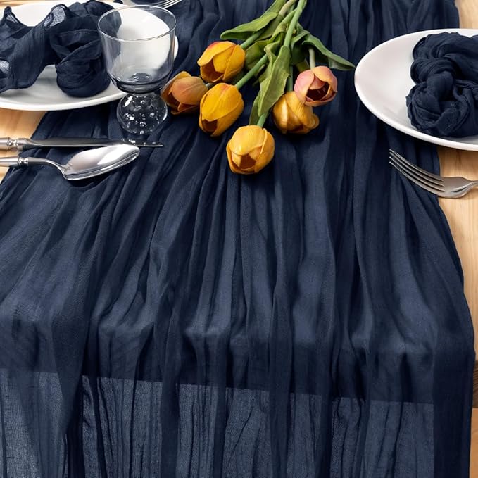 MLMC 3 Pack Navy Table Runner 10ft Spring Sheer Gauze Cheesecloth Table Runner Cheese Cloth Centerpiece Decororations 35x120 Inches for Easter Wedding Bridal Baby Shower Birthday Party Decor
