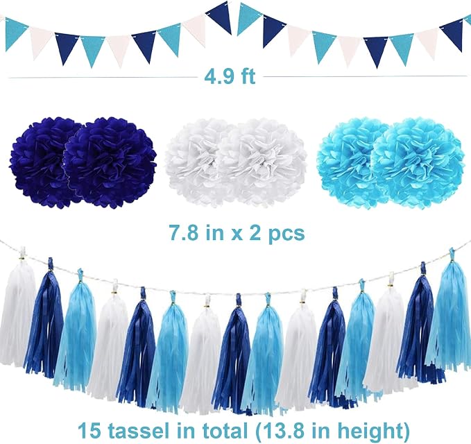 Blue Party Decorations Birthday Paper Fan Baby Shower Tissue Pom Poms Streamers Bachelorette Party Supplies Tassel Garland Banner Wedding Decor