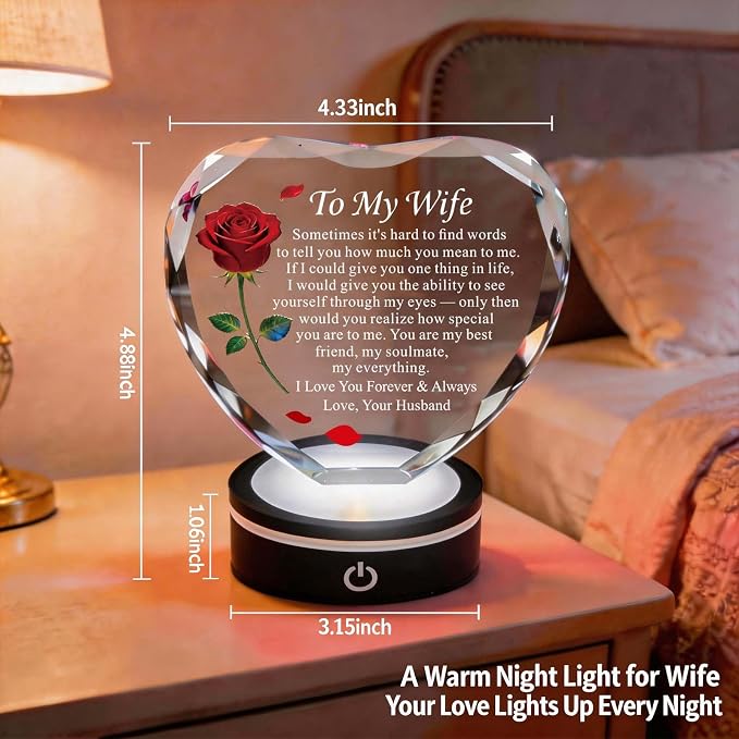 Anniversary and Birthday Gifts for Women Wife, Heart Shaped Crystal Keepsake with Rose and Love Letter Engraving, Color Changing LED Base,Romantic Christmas Valentine's Day Gifts for Wife from Husband (Red Rose - Multicolor LED)