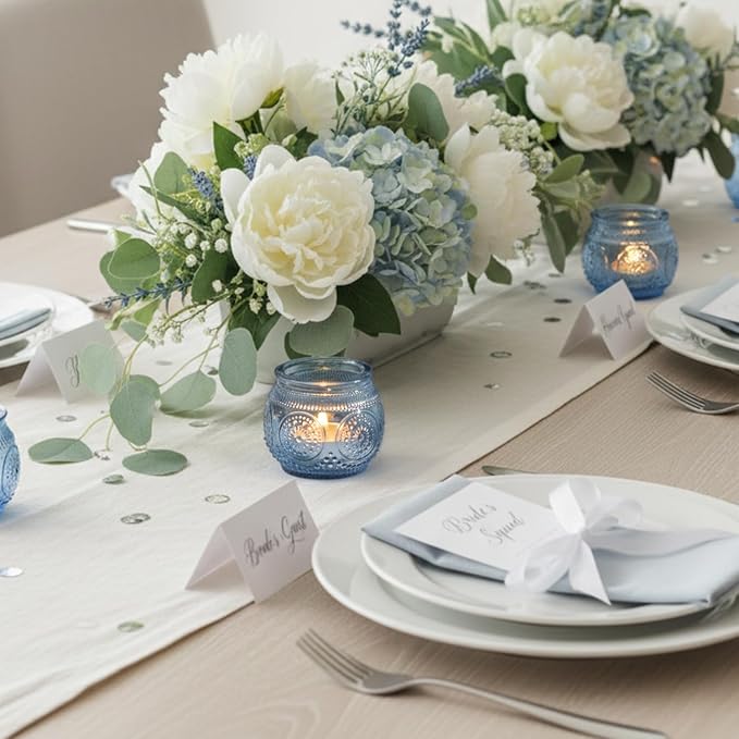 36 Pcs Blue Candle Holders Bulk for Wedding Table Decorations- Floral Style Dusty Blue Candle Holder for Bridal Shower, Baby Shower Decor