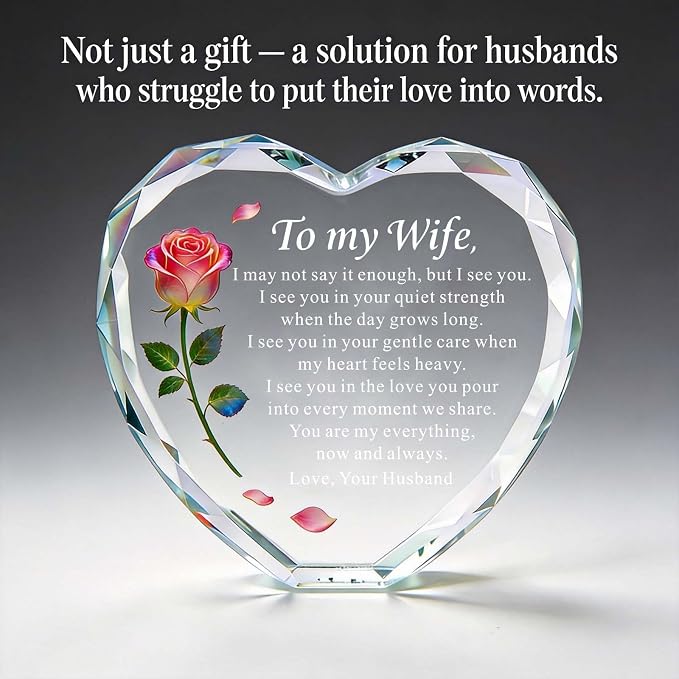Anniversary and Birthday Gifts for Women Wife, Heart Shaped Crystal Keepsake with Rose and Love Letter Engraving, Color Changing LED Base,Romantic Christmas Valentine's Day Gifts for Wife from Husband (Pink Rose - Multicolor LED)