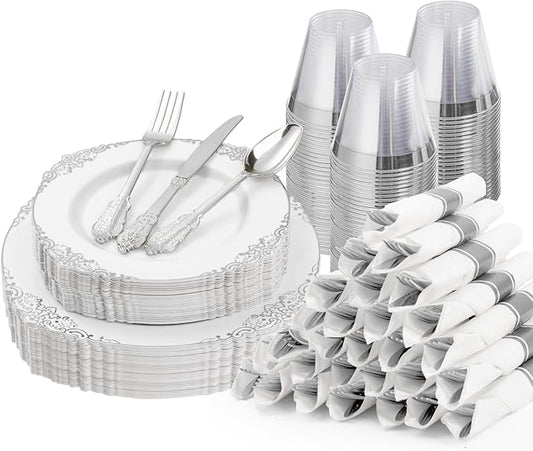 Bestluck 175PCS White and Silver Plastic Plates for 25 Guests, Disposable Dinnerware Sets Include 50 Plastic Plates, 25 Silverwares, 25 Cups, and 25 Pre Rolled Napkins for Party, Graduation
