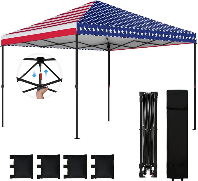 Outsunny 10 x 10 ft Pop Up Canopy Tent with One Push Setup, Easy Setup Outdoor Portable Instant Canopy Shelter with Wheeled Carry Bag, Sandbags, Adjustable Height for Parties, Events, American Flag