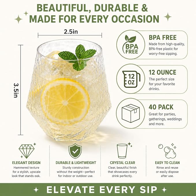 Oojami 40 count Diamond Unbreakable Stemless Plastic Wine Champagne Whiskey Glasses Elegant Durable Disposable Indoor Outdoor Ideal for Home, Office, Bars, Wedding, 12 Ounce Cups (Hammered Clear)