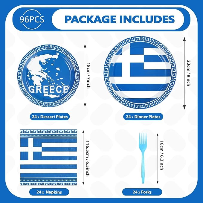 96PCS Greek Flag Birthday Party Supplies Greece Flag Plates Disposable Greek Paper Tableware Set for Blue Greece Independence Day Birthday Decorations Family Gathering Dining Celebration, Serves 24