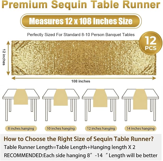 12 Pack Gold Sequin Table Runner 12x108 Inch, High Density Sparkly Glitter Table Runners Bulk for Wedding Reception, Party Decorations, Banquet Events, Shimmering Gold Decor