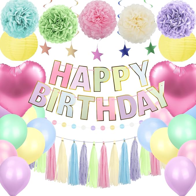 Pastel Rainbow Party Decorations 50Pcs Pastel Birthday Decorations for Girl | with Happy Birthday Banner Balloons Paper Pom Poms Lantern Hanging Swirls Garland Ribbon Macaron Theme Party Supplies