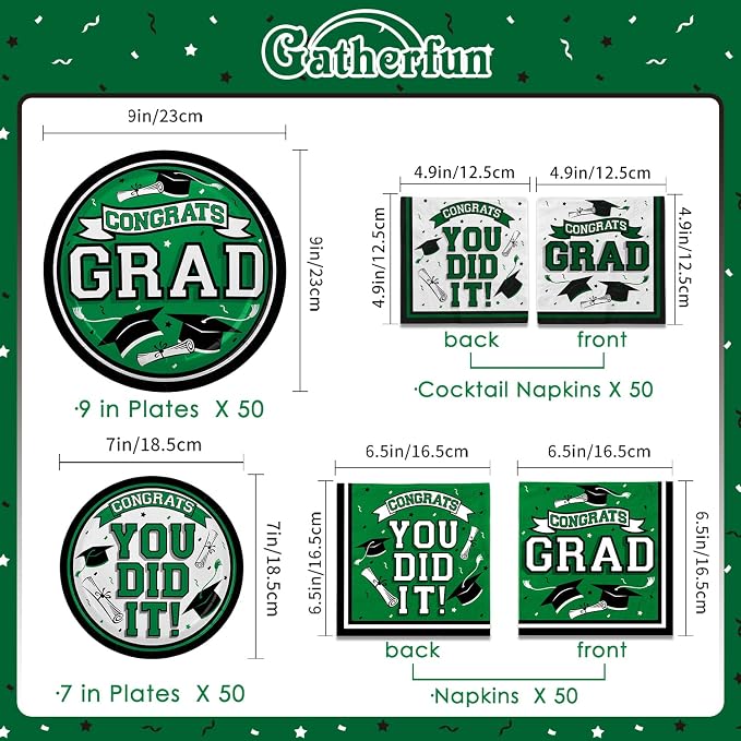Gatherfun Graduation Party Supplies Dinnerware Set green Disposable dinner paper plates dessert paper plates and Napkins for Congrats Grad Party Decorations, Serve 50