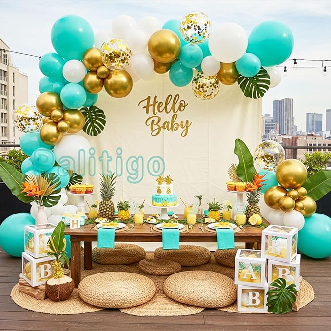 Teal Balloon Garland Kit with Gold Butterflies – Turquoise, Blue and Green, White & Gold Balloons in 18", 12", 5" Sizes – for Graduation, Baby Shower, Wedding, Birthday, Party Decor