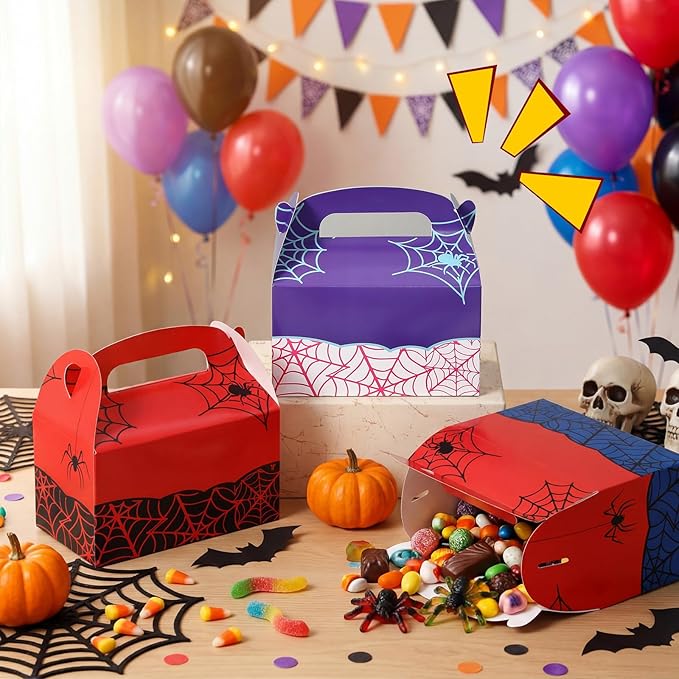 Marspark 24 Pack Spider Web Cartoon Birthday Party Supplies, Paper Gift Boxes, Cartoon Candy Treat Boxes for Birthday Party Decorations(3 Color Spider Pattern)