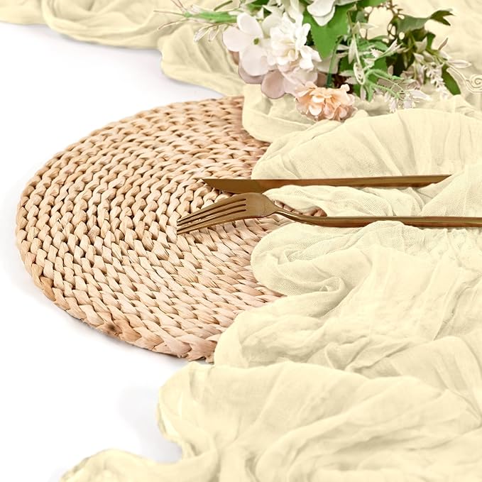 24 Pack Ivory Cheesecloth Table Runner 10FT Boho Gauze Cheese Cloth Table Runner Rustic Sheer Fabric Table Runners for Wedding Bridal Shower Baby Shower Party(21.5×120 Inch)