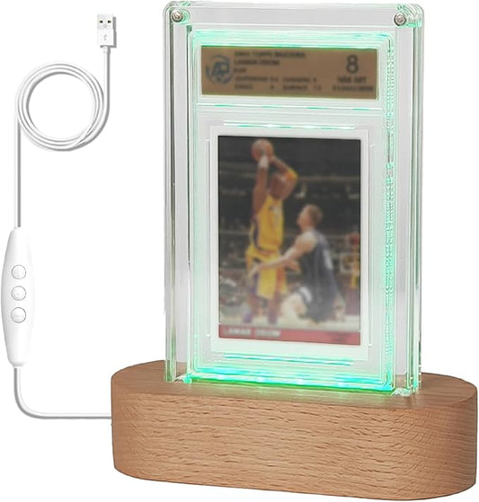 Acrylic Double-Sided Magnetic Graded Card Display - 0.9in Thick Transparent LED Holder with Wooden Base - 7-Color Lights , USB-Powered - for PSA Baseball/Sports Cards, Single Slab