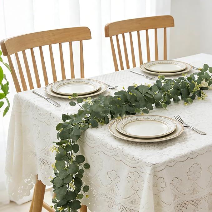 4Pcs Eucalyptus Garland, 6FT Green Garland with Flowers, Artificial Faux Greenery Vines for Wedding Party Table Centerpieces Runner Room Home Mantle Decor