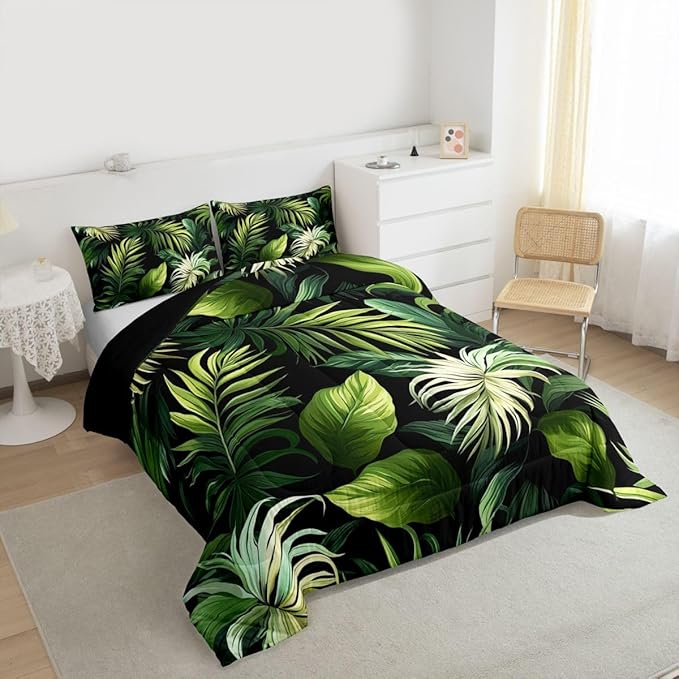 Feelyou Tropical Leaves Comforter Set Full Size Kids Palm Tree Print Comforter for Boys Girls Teens Leaf Pattern Bedding Set Botanical Leaf Branches Duvet Set Botanical Quilt