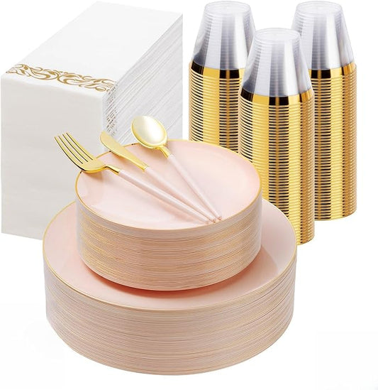 350 Pieces Pink Gold Plastic Dinnerware Set, Gold Disposable Plates for Party, Graduation, Include 100 Pink Plates with 150 Plastic Cutlery, 50 Napkins and 50 Cups