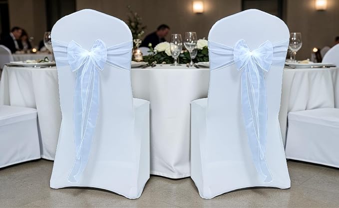 MDS® Pack of 200 Organza Chair Sashes for Wedding Decoration, Reusable Sheer Chair Bows for Banquet Chair Cover, Reception, Bridal Shower, Baby Shower, Birthday Party & Special Events - White