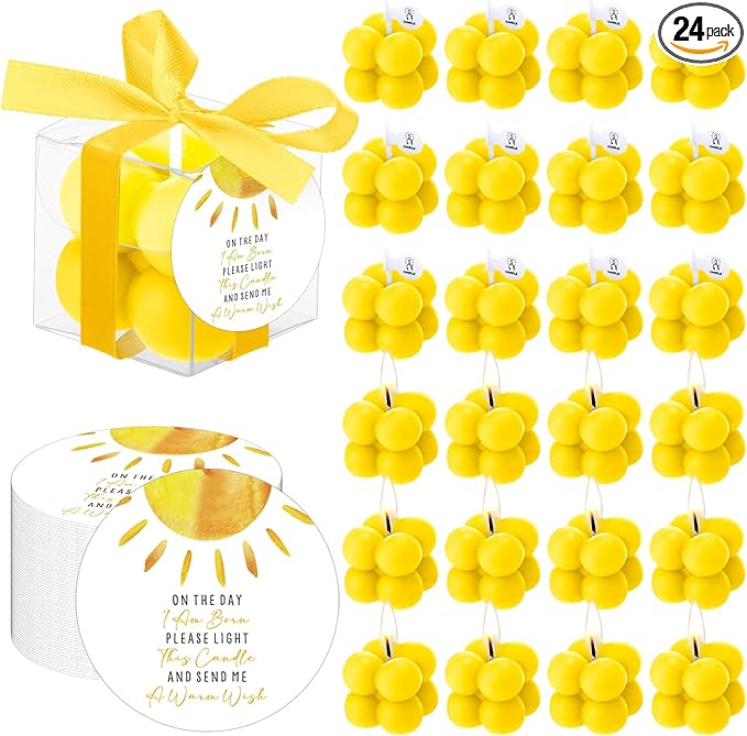 MTLEE 24 Sets Sunshine Baby Shower Favors Small Bubble Candle Baby Shower Favors for Guests Tea Candles Bulk with Stylish Ribbons Cards Gifts Party Decorations