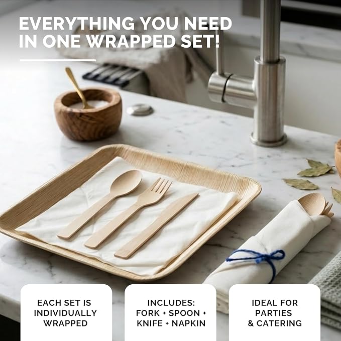 Prerolled Disposable Bamboo Cutlery Set – 150 Pack Pre Wrapped Silverware and Napkin Bundle with Forks, Knives, Spoons for Parties, Weddings, Events, and BBQ (Blue String)