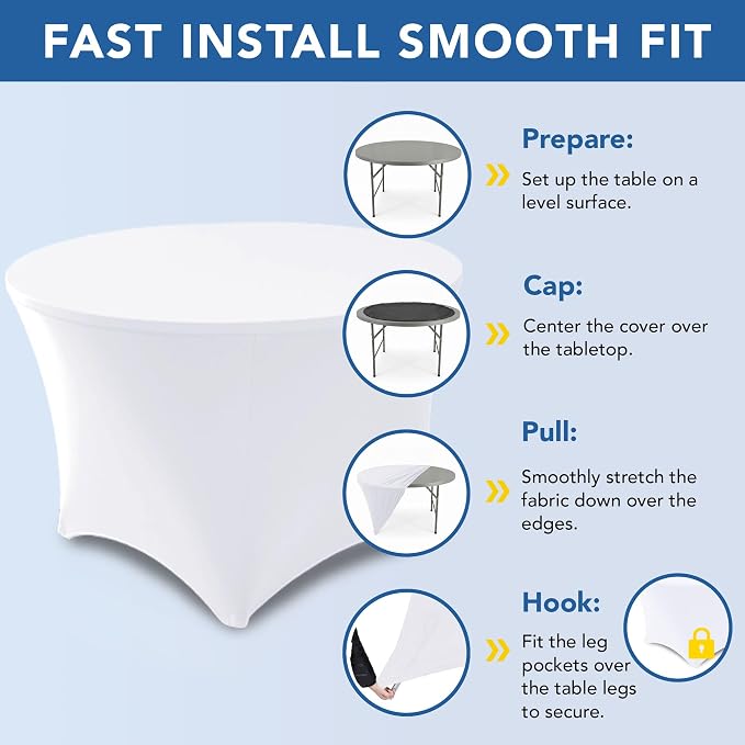 Fitted Table Cloth Round Cover 6ft-Spandex Elastic Table Covers 6 Pack 72 Inch-White Small Stretch Folding Tablecloth for Weddings Banquets Restaurant Event Parties Vendor Stand Tables