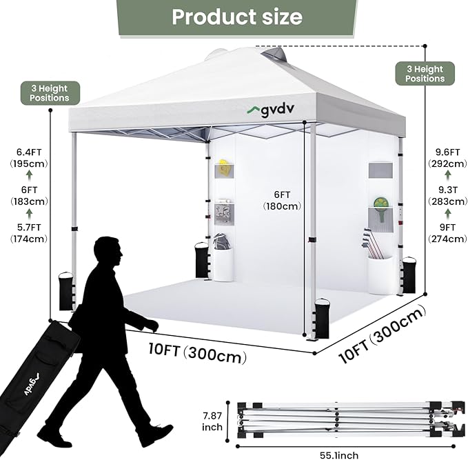 GVDV 10x10 Pop Up Canopy Tent with Pocket Sidewall, Beach Tent with One Push Setup, Outdoor Sun Shade for Events, Parties, Camping - Gazebo with Wheelbag and 4 Weight Bags, White, CP23