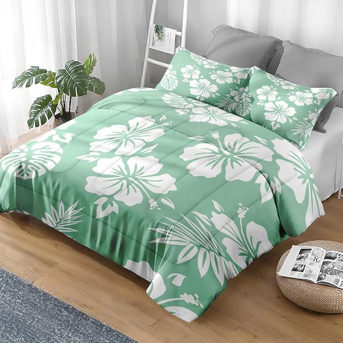 Pamnest Comforter Set Twin Size, Hibiscus Surf Floral Soft 2 Pcs Bedding for Kids and Adults, Hawaiian Hawaii Flower Comforter Set with Pillowcase, for Bedroom Bed Decor