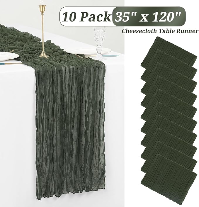 10 Pack Cheesecloth Table Runner - Deep Green Gauze, 10FT Long Semi-Sheer for Boho or Rustic Wedding Decor, Arch Draping, Bridal Shower, Holiday Party