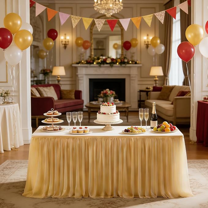 Champagne 2-in-1 Stretch Tulle Table Cover & Skirt – Fits 5ft Rectangular Tables, Perfect for Baby Shower, Bridal, Birthday & Princess Parties (1 Pack)