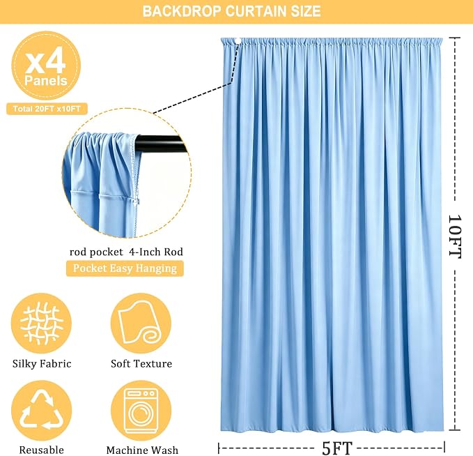 Gallety Baby Blue Backdrop Curtain for Wedding, Polyester Photography Backdrops Curtains - 20FT x 10FT Photobooth Backdrop Curtains for Celebration,Birthday, Formal Dinners,Graduation Decorations